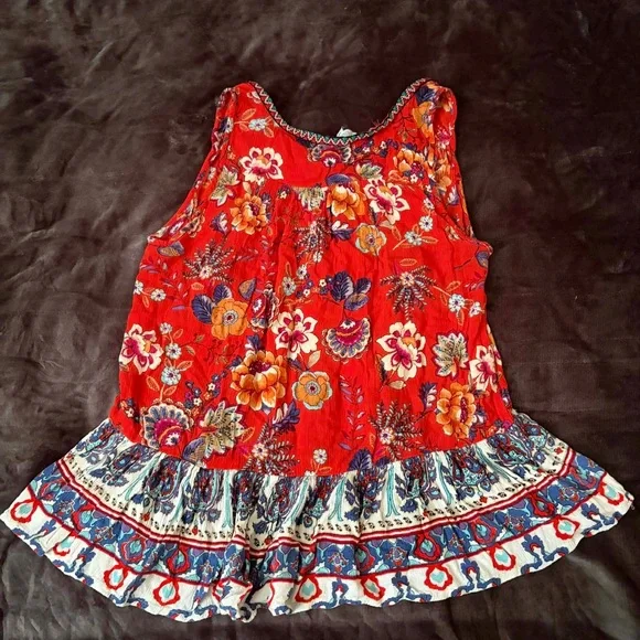 Patrons of Peace Floral Boho Peplum Tiered Tank Top Babydoll Blouse Festival - Picture 4 of 4